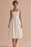 A Line White Square Neck Midi Graduation Dress
