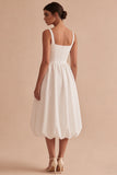 A Line White Square Neck Midi Graduation Dress