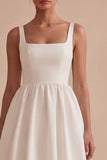 A Line White Square Neck Midi Graduation Dress