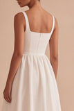 A Line White Square Neck Midi Graduation Dress