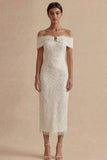 Lace Off The Shoulder Sheath White Engagement Dress with Beadings