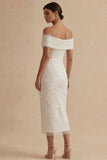 Lace Off The Shoulder Sheath White Engagement Dress with Beadings