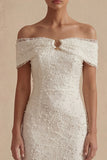Lace Off The Shoulder Sheath White Engagement Dress with Beadings