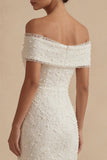 Lace Off The Shoulder Sheath White Engagement Dress with Beadings