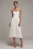 White Corset Pleated Spaghetti Straps A Line Graduation Dress
