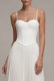 White Corset Pleated Spaghetti Straps A Line Graduation Dress