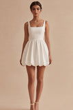White Square Neck A Line Mini Graduation Dress