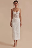 Sheath White Lace Spaghetti Straps Corset Midi Engagement Dress