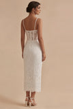 Sheath White Lace Spaghetti Straps Corset Midi Engagement Dress
