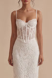 Sheath White Lace Spaghetti Straps Corset Midi Engagement Dress