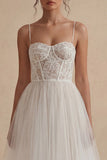 White Lace A Line Corset Spaghetti Straps Engagement Dress