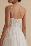 White Lace A Line Corset Spaghetti Straps Engagement Dress