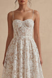 A Line White Corset Spaghetti Straps Lace Midi Engagement Dress