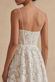 A Line White Corset Spaghetti Straps Lace Midi Engagement Dress