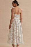 A Line White Corset Spaghetti Straps Lace Midi Engagement Dress