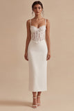White Sheath Spaghetti Straps Corset Lace Midi Engagement Dress