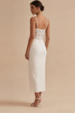 White Sheath Spaghetti Straps Corset Lace Midi Engagement Dress