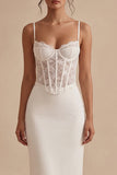 White Sheath Spaghetti Straps Corset Lace Midi Engagement Dress