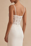 White Sheath Spaghetti Straps Corset Lace Midi Engagement Dress