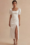 Satin White Sheath Puff Sleeve Midi Dress with Slit