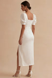 Satin White Sheath Puff Sleeve Midi Dress with Slit