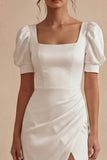 Satin White Sheath Puff Sleeve Midi Dress with Slit