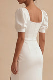 Satin White Sheath Puff Sleeve Midi Dress with Slit