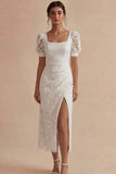 White Lace Sheath Short Sleeve Engagement Dress with Slit