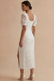 White Lace Sheath Short Sleeve Engagement Dress with Slit