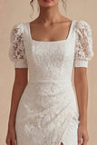 White Lace Sheath Short Sleeve Engagement Dress with Slit