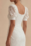 White Lace Sheath Short Sleeve Engagement Dress with Slit
