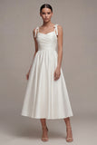 White A Line Satin Ruched Midi Graduation Dress