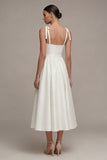 White A Line Satin Ruched Midi Graduation Dress