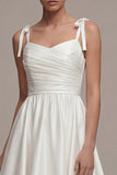 White A Line Satin Ruched Midi Graduation Dress