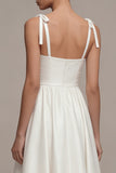 White A Line Satin Ruched Midi Graduation Dress