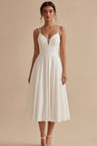 Simple White Spaghetti Straps A Line Midi Dress