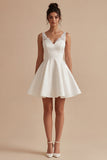 White Satin A Line Lace V-Neck Mini Graduation Dress
