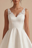 White Satin A Line Lace V-Neck Mini Graduation Dress