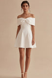 Off the Shoulder A Line White Mini Dress with Bow