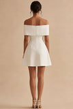 Off the Shoulder A Line White Mini Dress with Bow