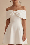 Off the Shoulder A Line White Mini Dress with Bow