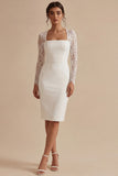 White Sheath Midi Dress with Lace Long Sleeves