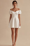White Off the Shoulder Graduation Dress with Puff Sleeves