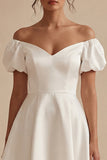 White Off the Shoulder Graduation Dress with Puff Sleeves
