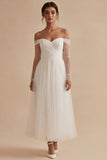 Off the Shoulder A Line White Tulle Short Wedding Dress with Sleeves