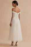 Off the Shoulder A Line White Tulle Short Wedding Dress with Sleeves