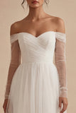 Off the Shoulder A Line White Tulle Short Wedding Dress with Sleeves
