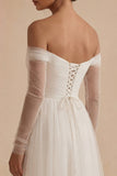 Off the Shoulder A Line White Tulle Short Wedding Dress with Sleeves