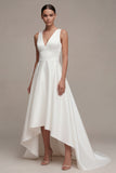 White V-Neck Satin High-Low Wedding Dress