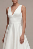White V-Neck Satin High-Low Wedding Dress